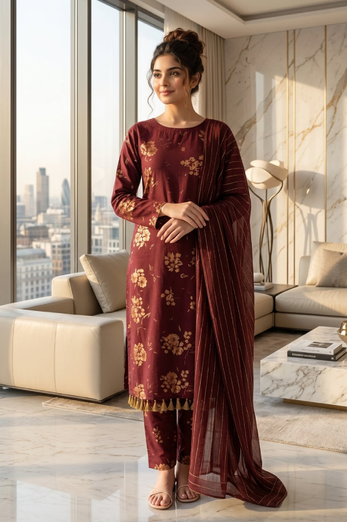 Maroon Gold Floral Digital Printed Lawn Suit | 3-Piece Unstitched Premium Lawn