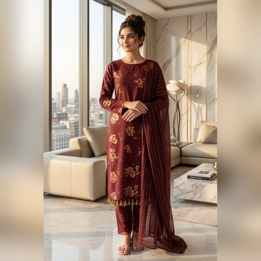 Maroon Gold Floral Printed Lawn — 3 Piece Unstitched