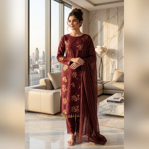 Maroon Gold Floral Printed Lawn — 3 Piece Unstitched