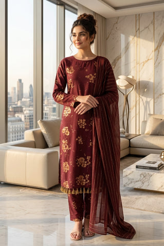 Maroon Gold Floral Digital Printed Lawn Suit | 3-Piece Unstitched Premium Lawn