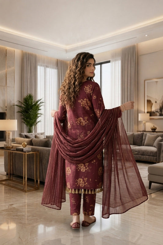 Maroon Gold Floral Digital Printed Lawn Suit | 3-Piece Unstitched Premium Lawn