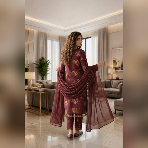 Maroon Gold Floral Printed Lawn — 3 Piece Unstitched