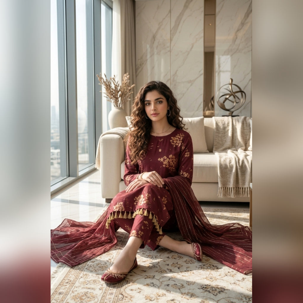 Maroon Gold Floral Printed Lawn — 3 Piece Unstitched