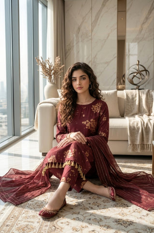 Maroon Gold Floral Digital Printed Lawn Suit | 3-Piece Unstitched Premium Lawn