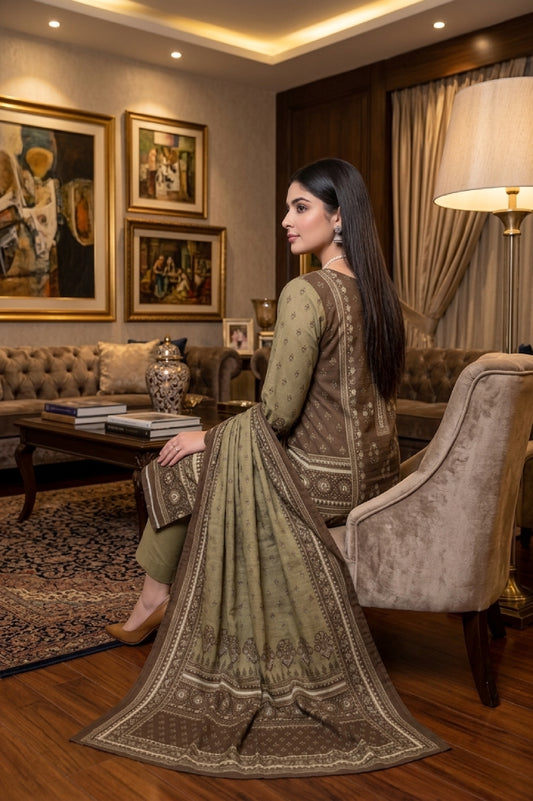 Brown & Sage Green Ethnic Digital Printed Lawn Suit | 3-Piece Unstitched Premium Lawn