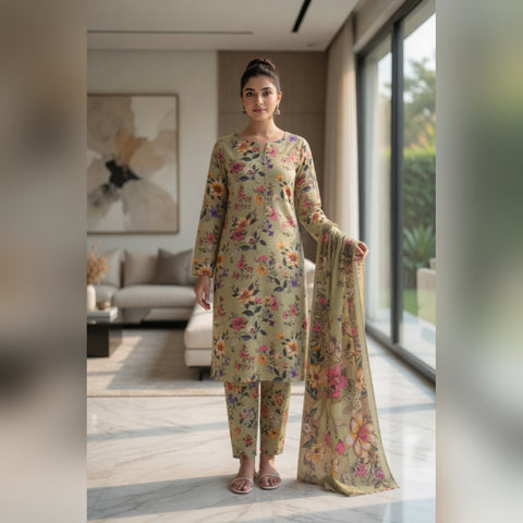 Olive Green Multicolor Printed Lawn — 3 Piece Unstitched