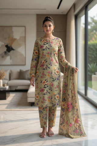 Olive Green Multicolor Floral Digital Printed Lawn Suit | 3-Piece Unstitched Premium Lawn