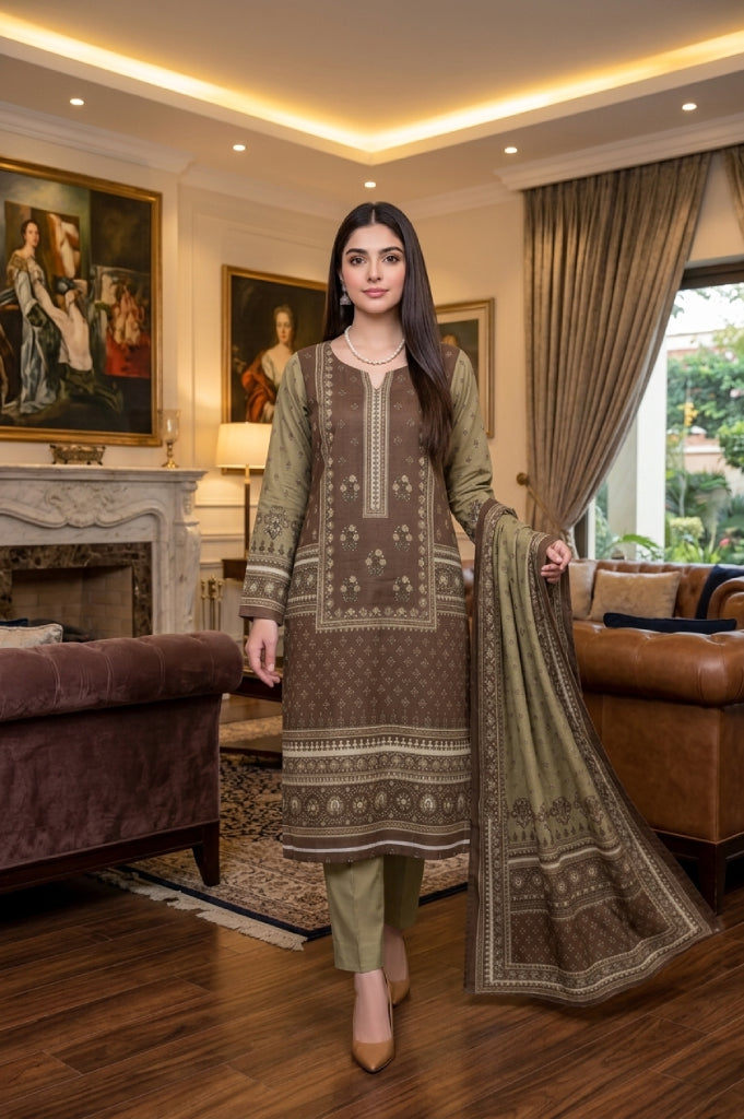 Brown & Sage Green Ethnic Digital Printed Lawn Suit | 3-Piece Unstitched Premium Lawn
