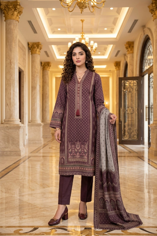 Mauve Geometric Ethnic Digital Printed Lawn Suit | 3-Piece Unstitched Premium Lawn