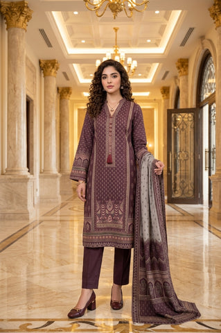 Mauve Geometric Ethnic Digital Printed Lawn Suit | 3-Piece Unstitched Premium Lawn