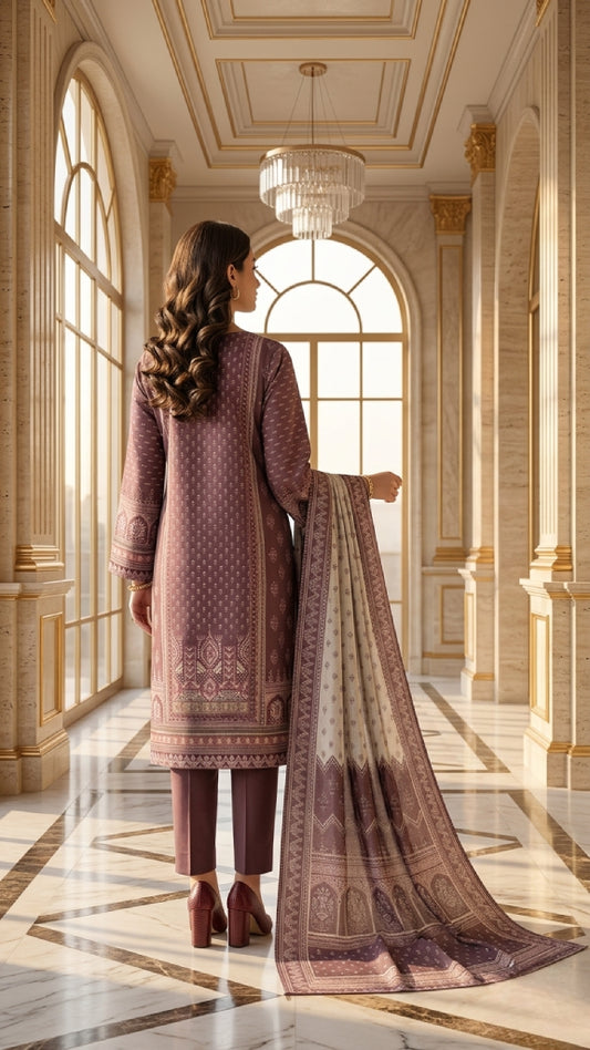 Mauve Geometric Ethnic Digital Printed Lawn Suit | 3-Piece Unstitched Premium Lawn