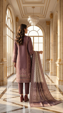 Mauve Geometric Ethnic Digital Printed Lawn Suit | 3-Piece Unstitched Premium Lawn