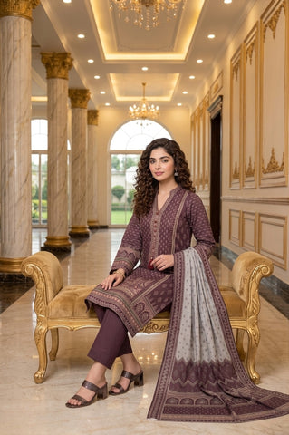 Mauve Geometric Ethnic Digital Printed Lawn Suit | 3-Piece Unstitched Premium Lawn