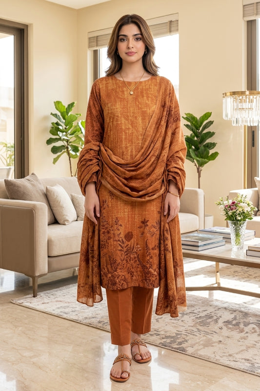 Rust Copper Botanical Digital Printed Lawn Suit | 3-Piece Unstitched Premium Lawn