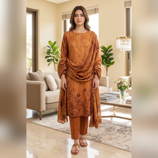 Rust Copper Botanical Printed Lawn — 3 Piece Unstitched