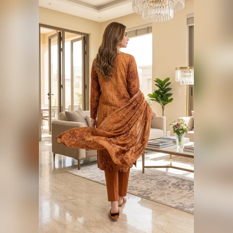 Rust Copper Botanical Printed Lawn — 3 Piece Unstitched