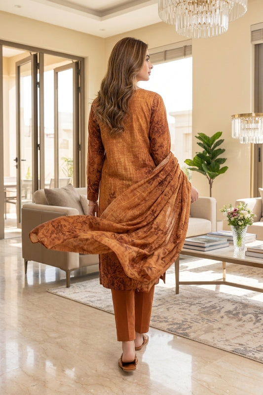 Rust Copper Botanical Digital Printed Lawn Suit | 3-Piece Unstitched Premium Lawn