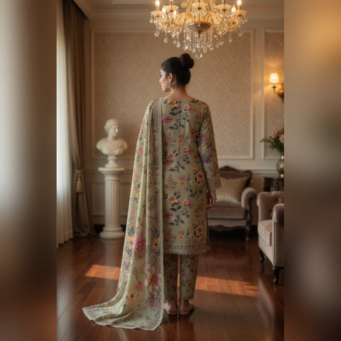 Olive Green Multicolor Printed Lawn — 3 Piece Unstitched