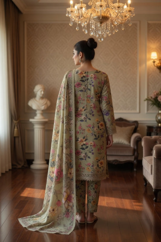 Olive Green Multicolor Floral Digital Printed Lawn Suit | 3-Piece Unstitched Premium Lawn