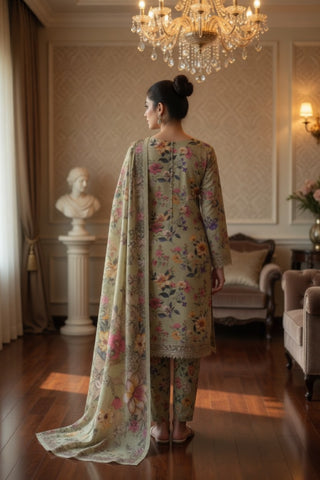 Olive Green Multicolor Floral Digital Printed Lawn Suit | 3-Piece Unstitched Premium Lawn