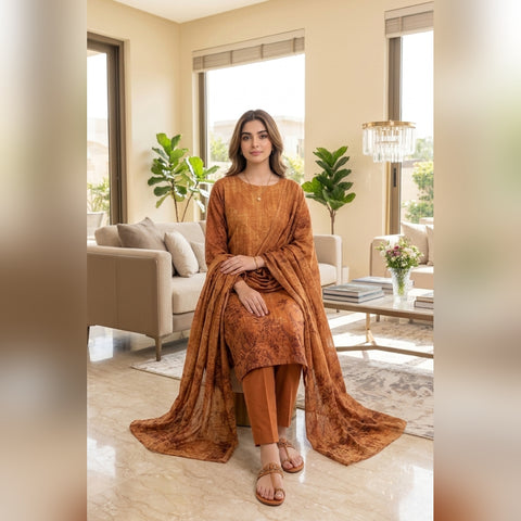 Rust Copper Botanical Printed Lawn — 3 Piece Unstitched