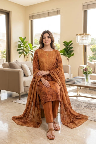 Rust Copper Botanical Digital Printed Lawn Suit | 3-Piece Unstitched Premium Lawn