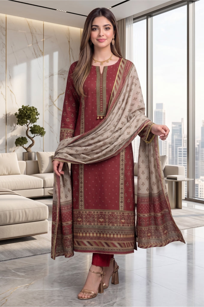 Maroon Geometric Border Digital Printed Premium Lawn 3-Piece Suit