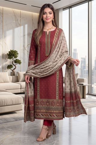 Maroon Geometric Border Digital Printed Premium Lawn 3-Piece Suit