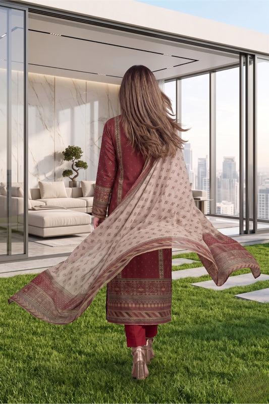 Maroon Geometric Border Digital Printed Premium Lawn 3-Piece Suit