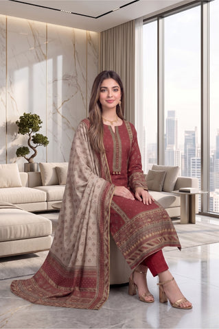 Maroon Geometric Border Digital Printed Premium Lawn 3-Piece Suit