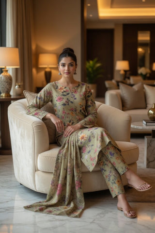Olive Green Multicolor Floral Digital Printed Lawn Suit | 3-Piece Unstitched Premium Lawn