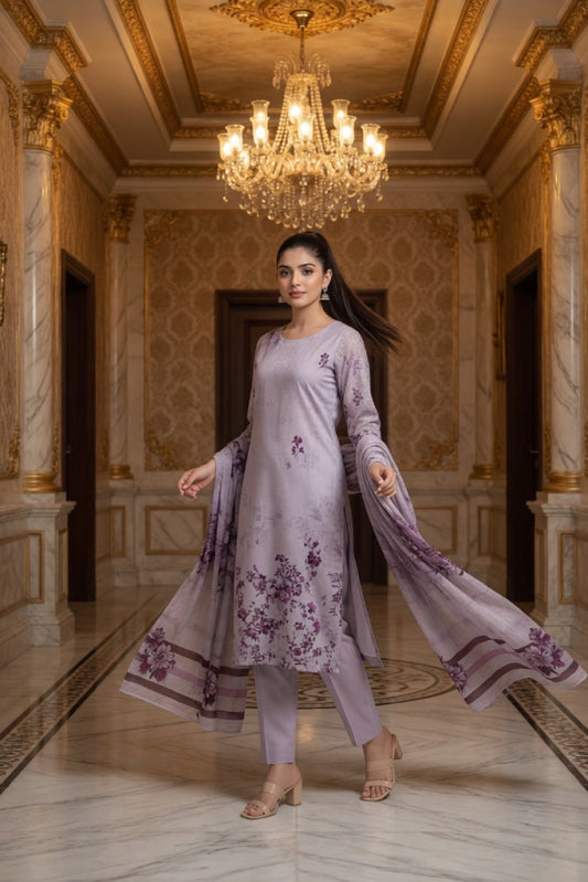 Lilac Floral Digital Printed Lawn Suit | 3-Piece Unstitched Premium Lawn