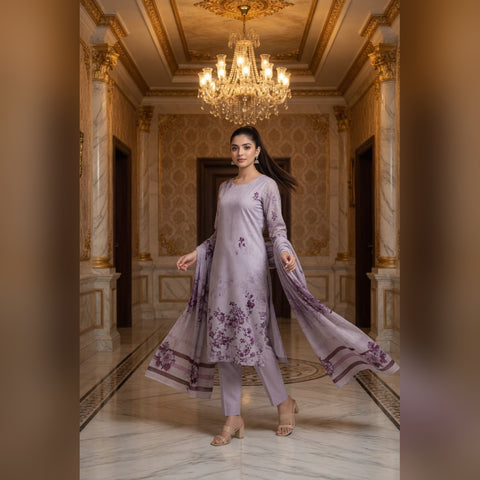 Lilac Floral Printed Lawn — 3 Piece Unstitched