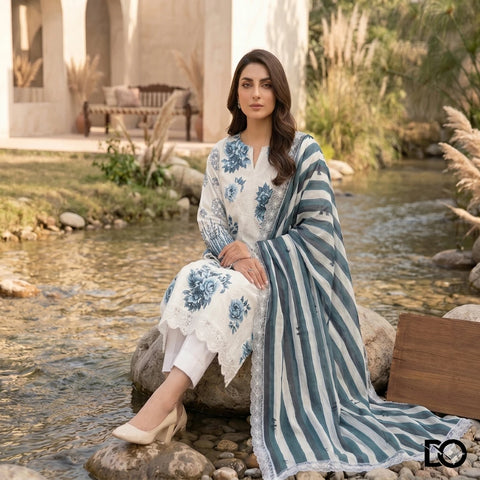 Teal Blossom 3-Piece Lawn Suit | Hand Embroidery | Chikankari | Laser Work | Unstitched