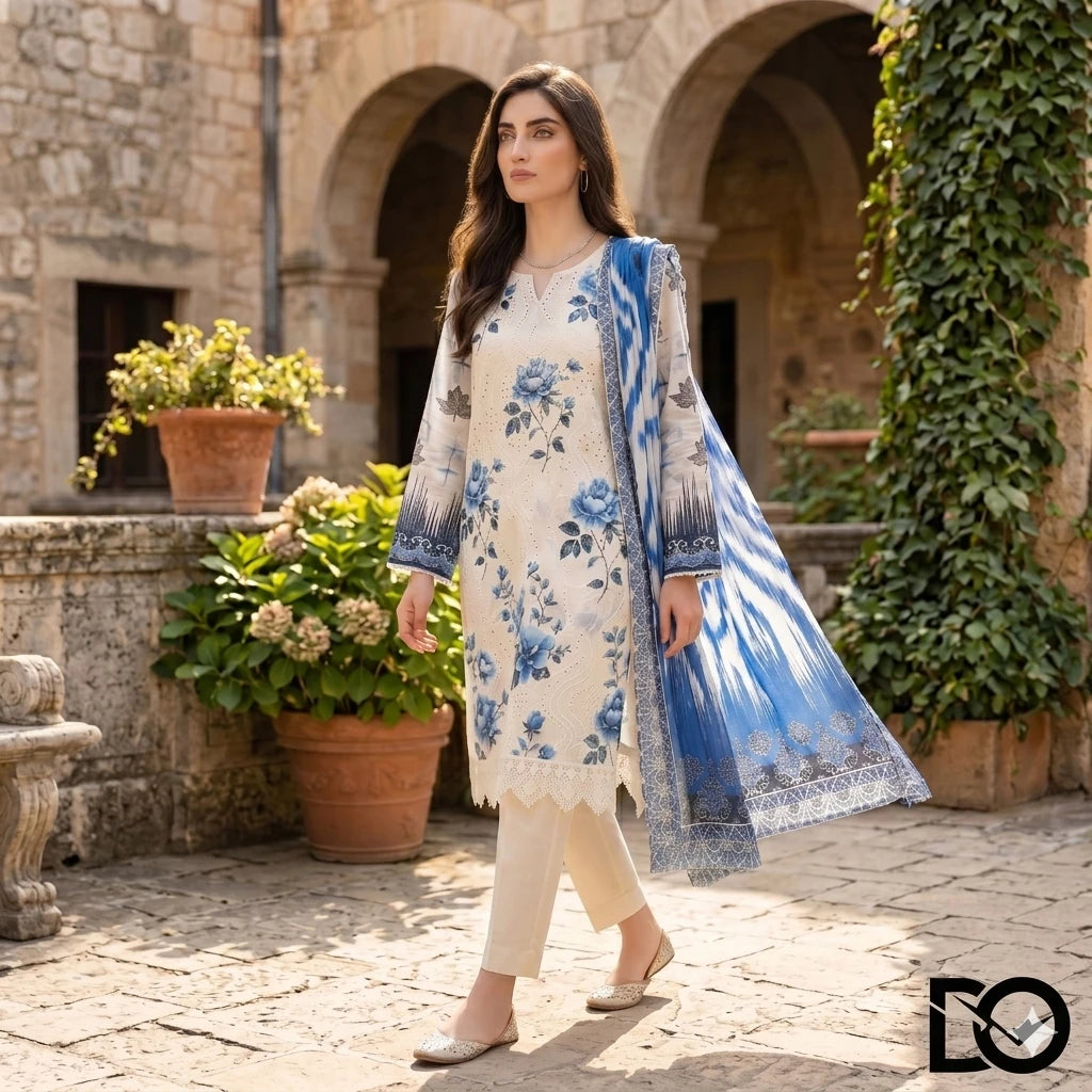 Sapphire Rose 3-Piece Lawn Suit | Hand Embroidery | Chikankari | Laser Work | Unstitched