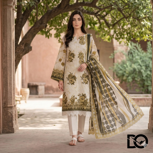 Golden Harvest 3-Piece Lawn Suit | Hand Embroidery | Chikankari | Laser Work | Unstitched