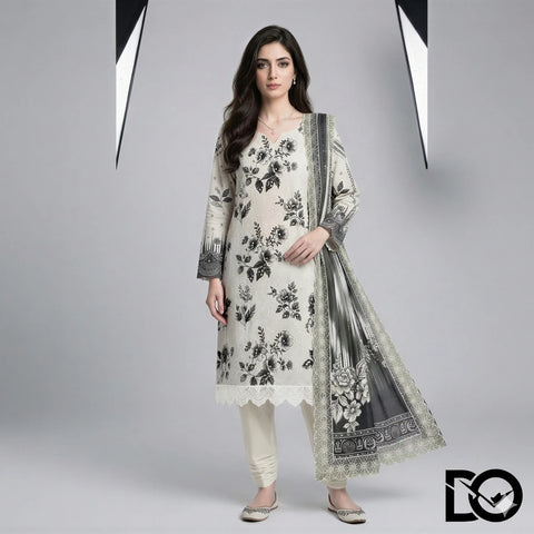 Noir Bloom 3-Piece Lawn Suit | Hand Embroidery | Chikankari | Laser Work | Unstitched