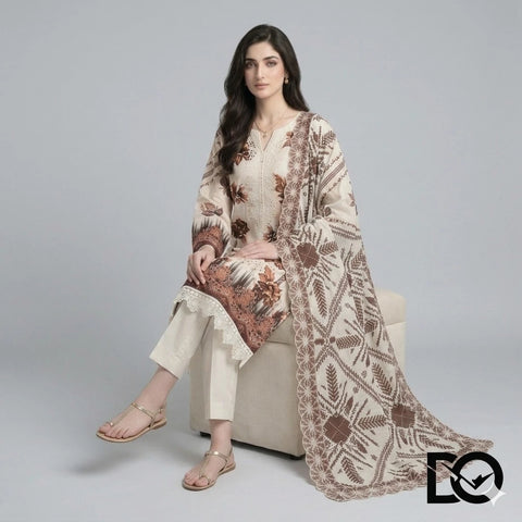 Mocha Blossom 3-Piece Lawn Suit | Hand Embroidery | Chikankari | Laser Work | Unstitched