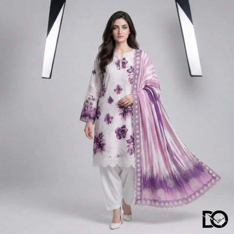 Purple Bloom 3-Piece Lawn Suit | Hand Embroidery | Chikankari | Laser Work | Unstitched