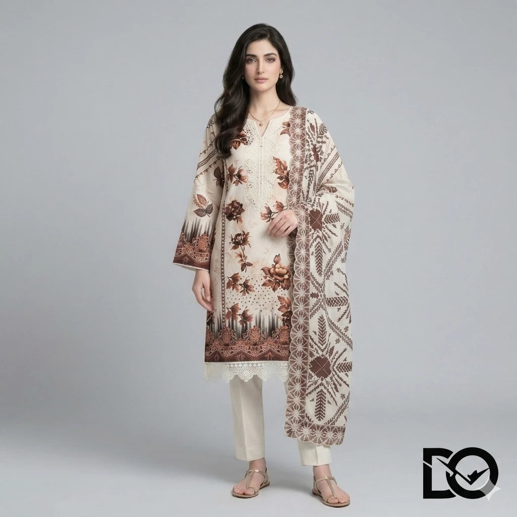 Mocha Blossom 3-Piece Lawn Suit | Hand Embroidery | Chikankari | Laser Work | Unstitched