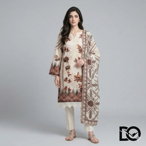 Mocha Blossom 3-Piece Lawn Suit | Hand Embroidery | Chikankari | Laser Work | Unstitched