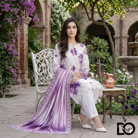 Purple Bloom 3-Piece Lawn Suit | Hand Embroidery | Chikankari | Laser Work | Unstitched