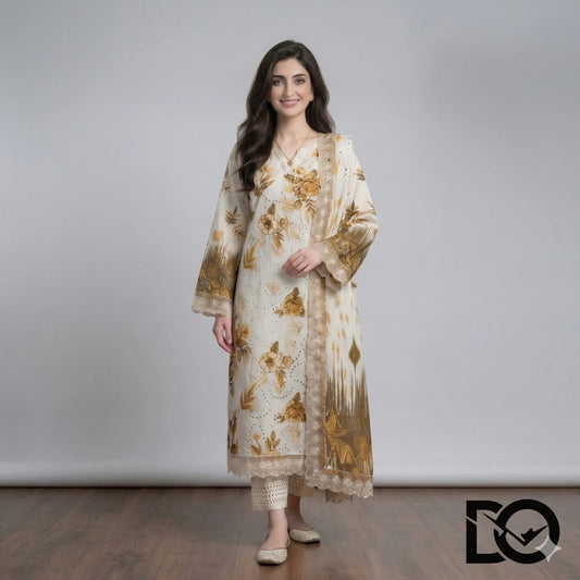 Golden Harvest 3-Piece Lawn Suit | Hand Embroidery | Chikankari | Laser Work | Unstitched