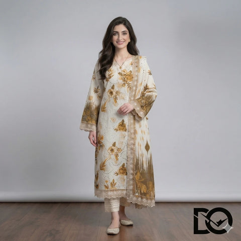Golden Harvest 3-Piece Lawn Suit | Hand Embroidery | Chikankari | Laser Work | Unstitched