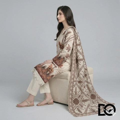 Mocha Blossom 3-Piece Lawn Suit | Hand Embroidery | Chikankari | Laser Work | Unstitched