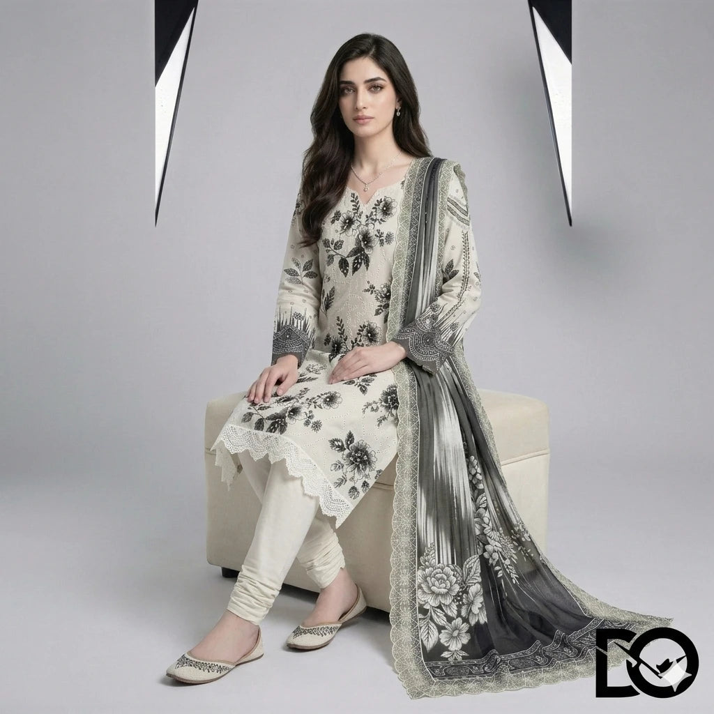 Noir Bloom 3-Piece Lawn Suit | Hand Embroidery | Chikankari | Laser Work | Unstitched
