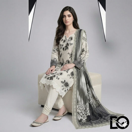 Noir Bloom 3-Piece Lawn Suit | Hand Embroidery | Chikankari | Laser Work | Unstitched