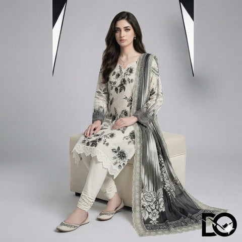 Noir Bloom 3-Piece Lawn Suit | Hand Embroidery | Chikankari | Laser Work | Unstitched