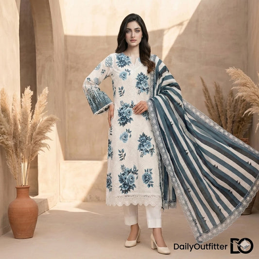 Teal Blossom 3-Piece Lawn Suit | Hand Embroidery | Chikankari | Laser Work | Unstitched
