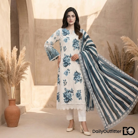 Teal Blossom 3-Piece Lawn Suit | Hand Embroidery | Chikankari | Laser Work | Unstitched